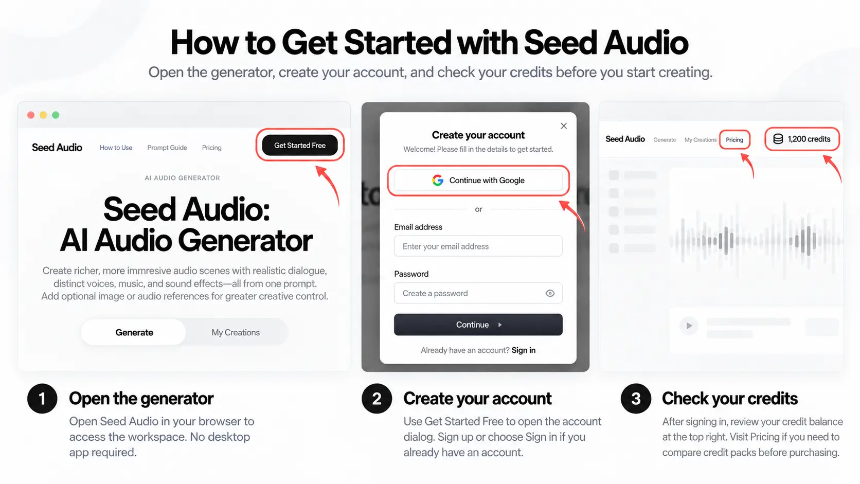 Seed Audio workspace showing where to open the generator and sign in