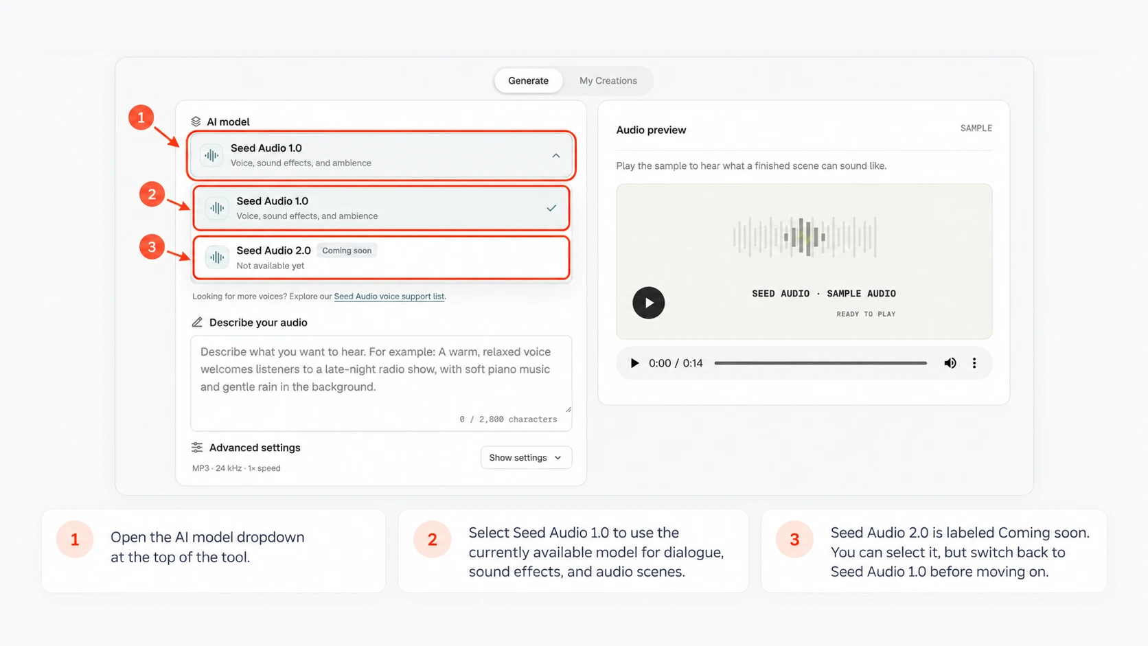 Seed Audio AI model selector with Seed Audio 1.0 and Seed Audio 2.0 options