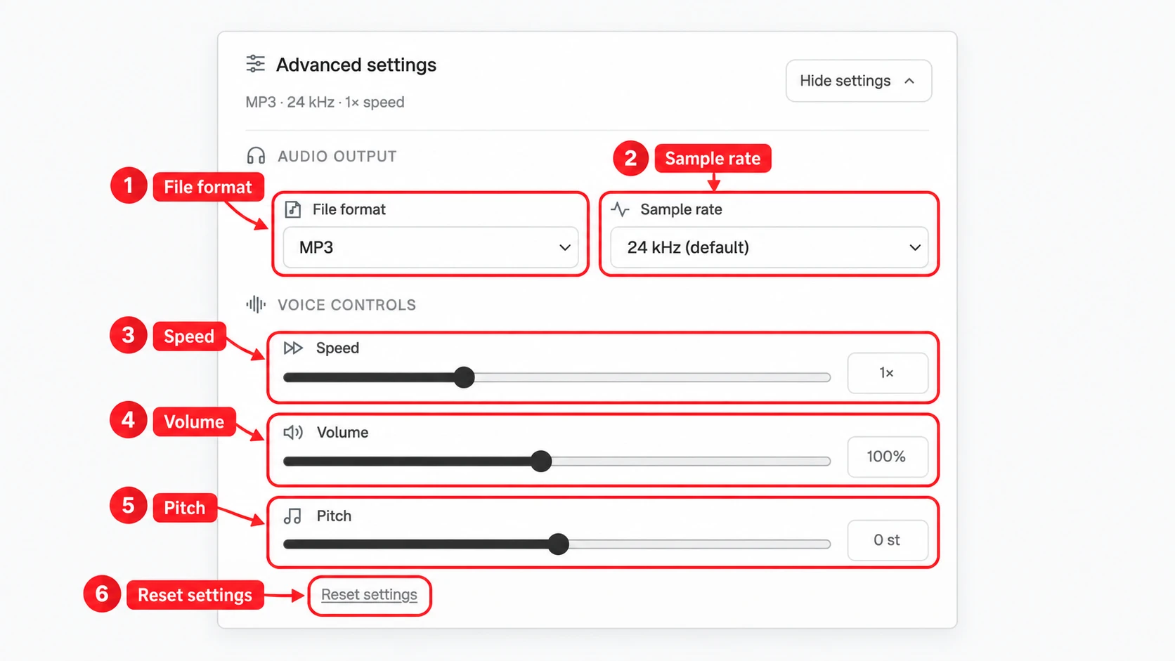 Seed Audio settings for file format, sample rate, speed, volume, and pitch
