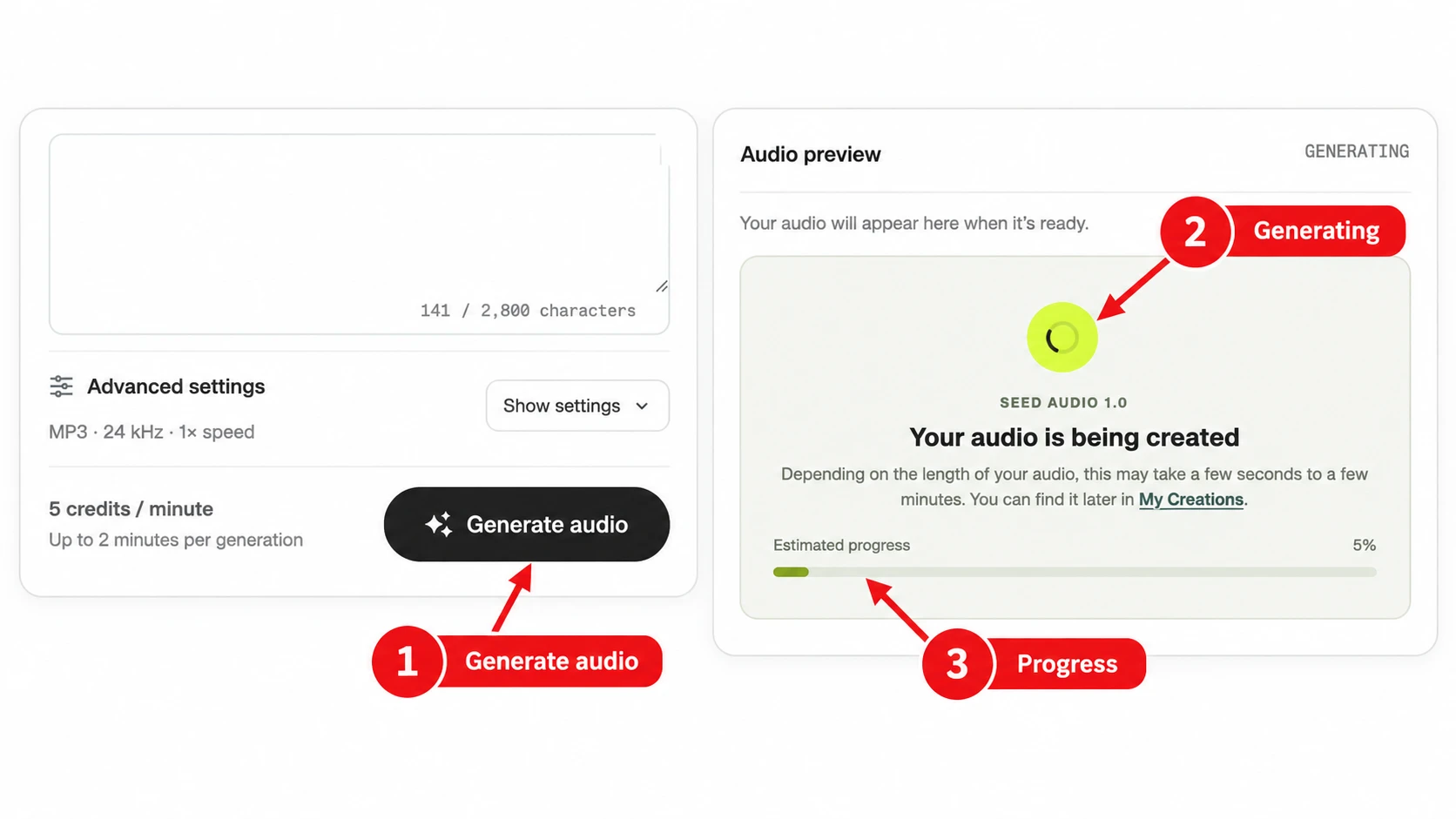 Seed Audio generation controls and audio generation progress panel