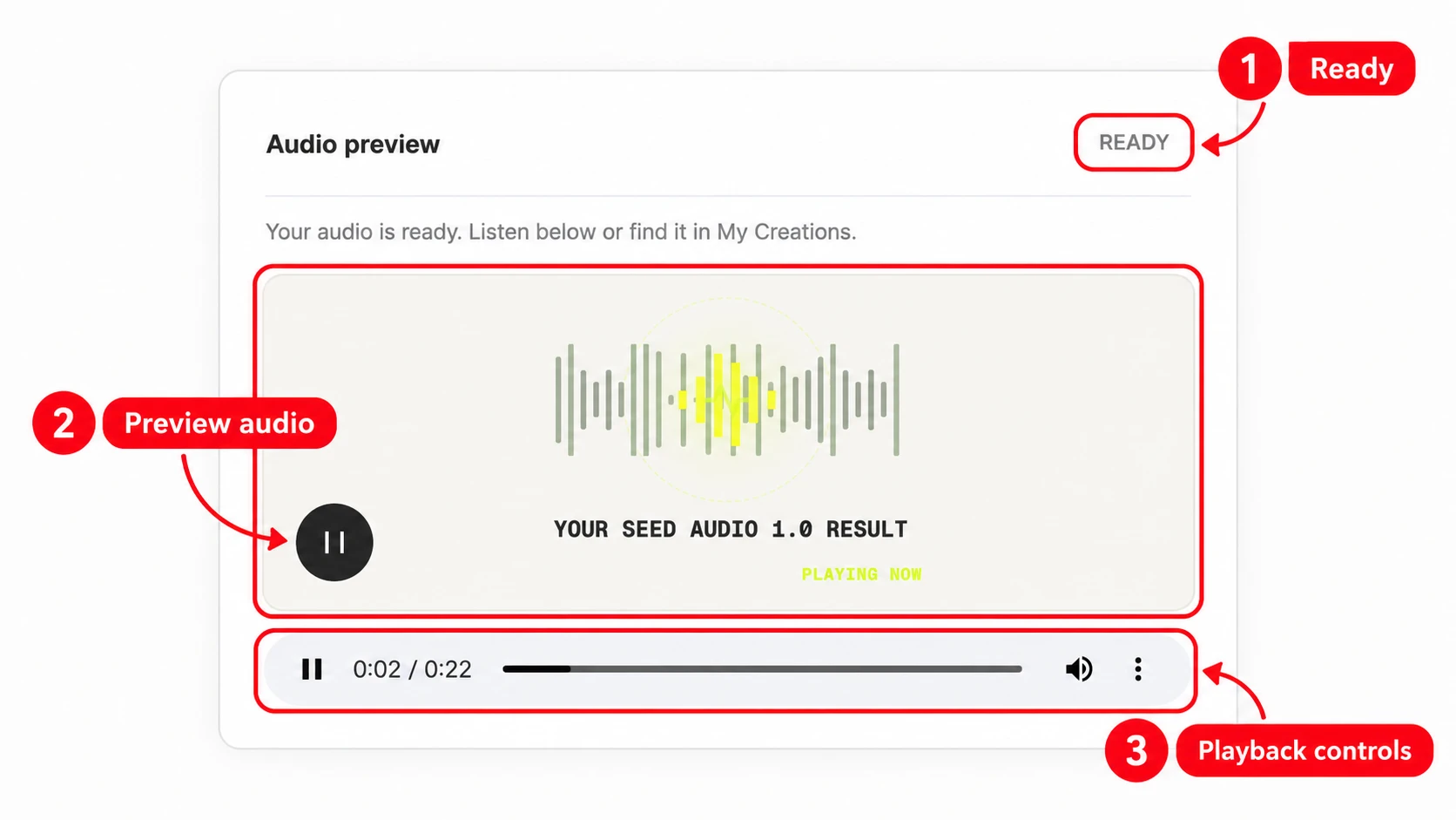 Seed Audio preview player and completed creation download controls