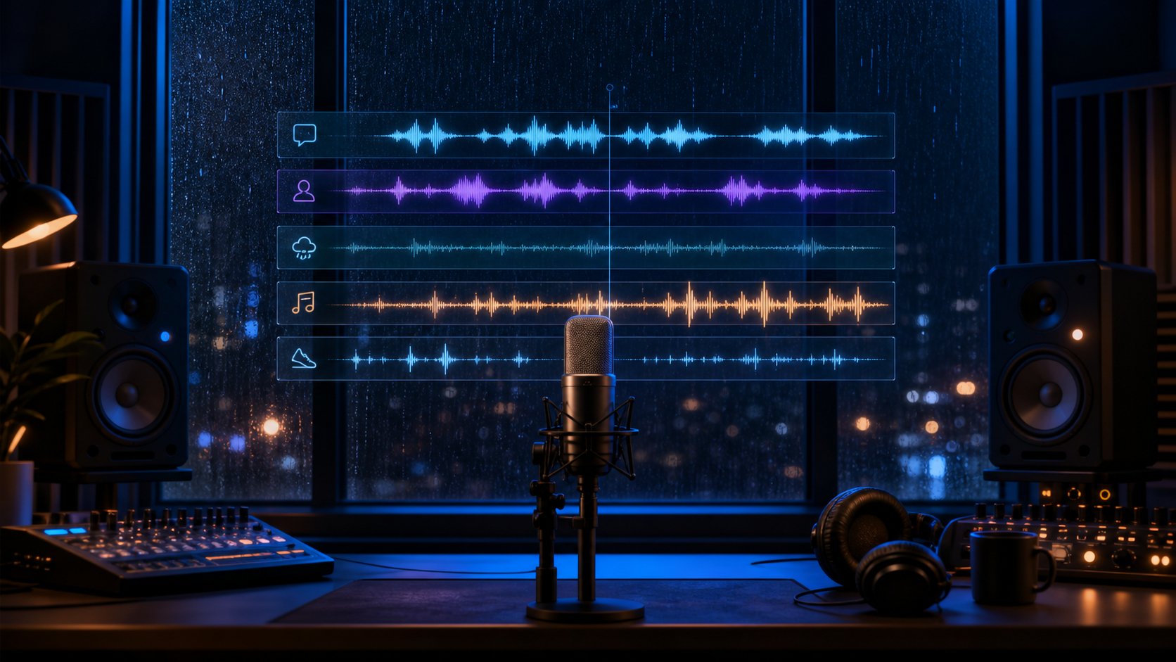 Seed Audio 2.0 layered sound production studio with dialogue, music, ambience, and foley waveforms