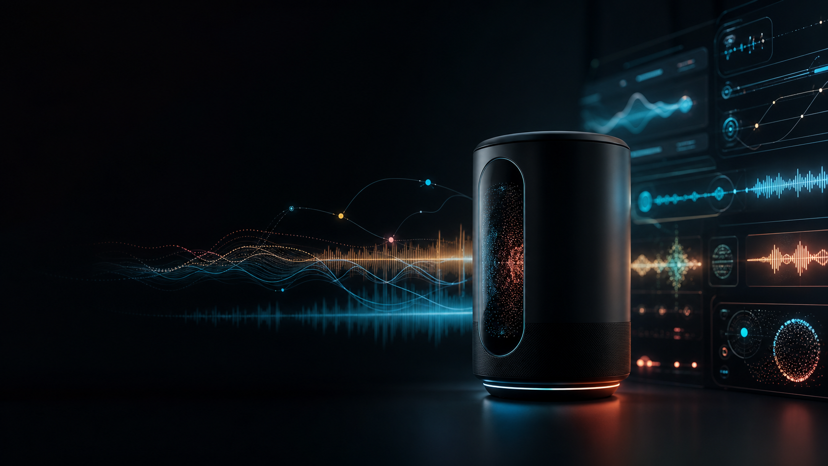 Seed Audio 2.0 conversational audio system with layered cyan and amber waveforms