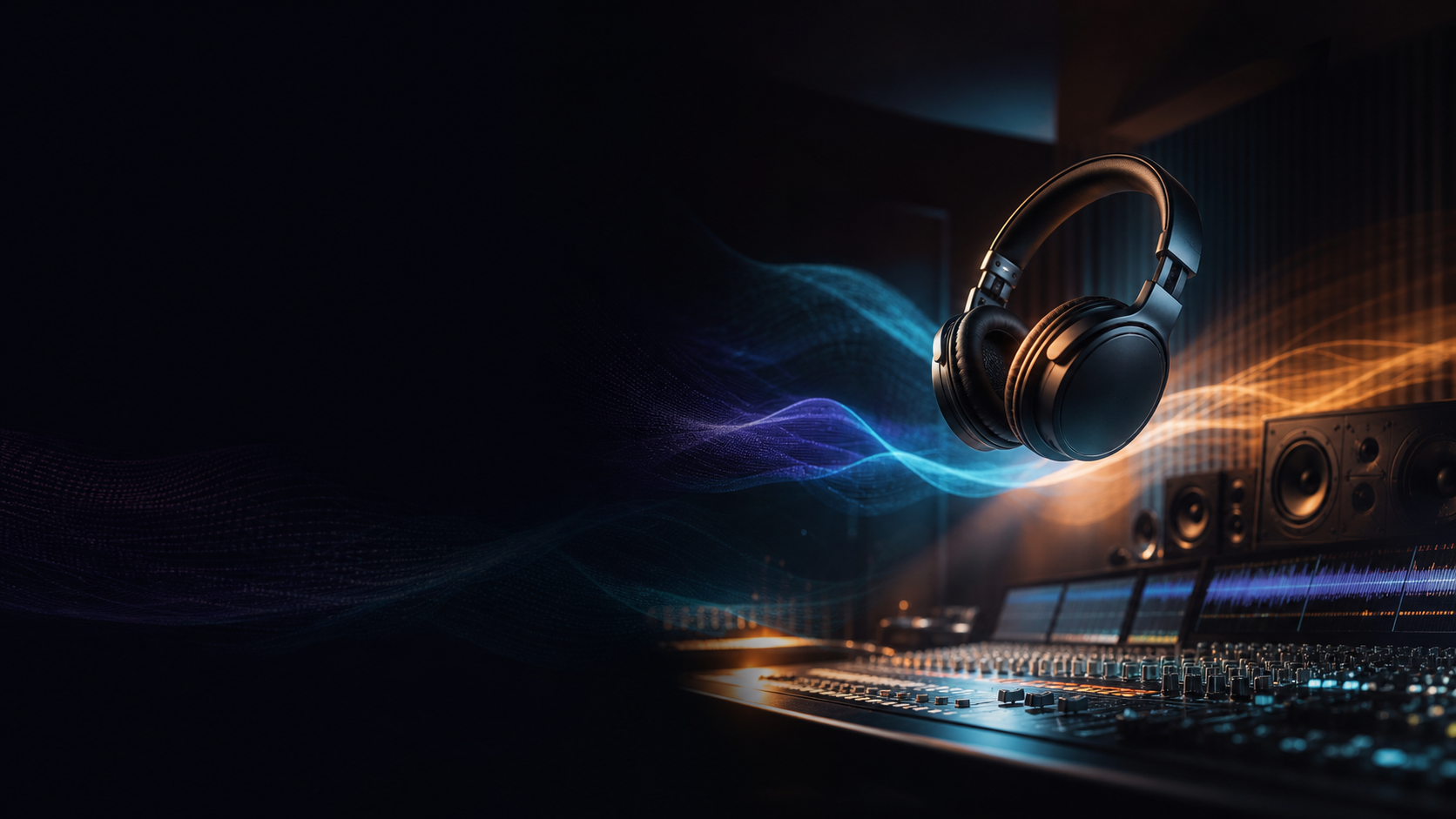Seed Audio 2.0 production studio with headphones and luminous sound waves