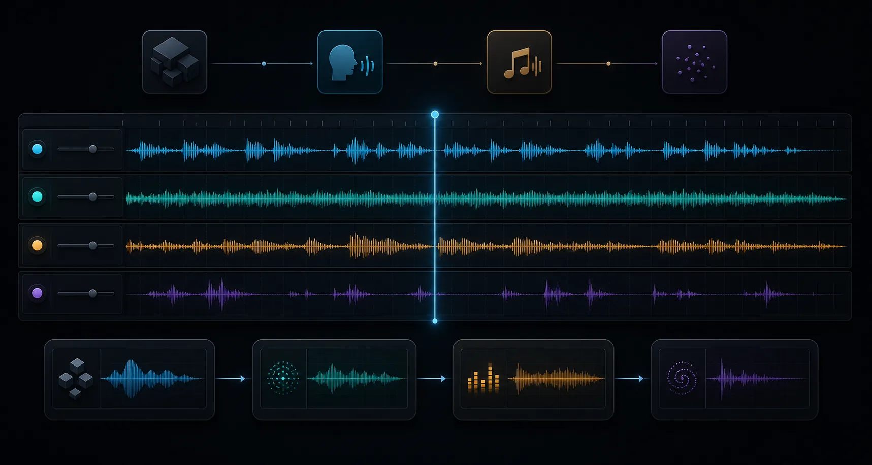Seed Audio 2.0 arranging dialogue, ambience, music and effects into a multitrack timeline