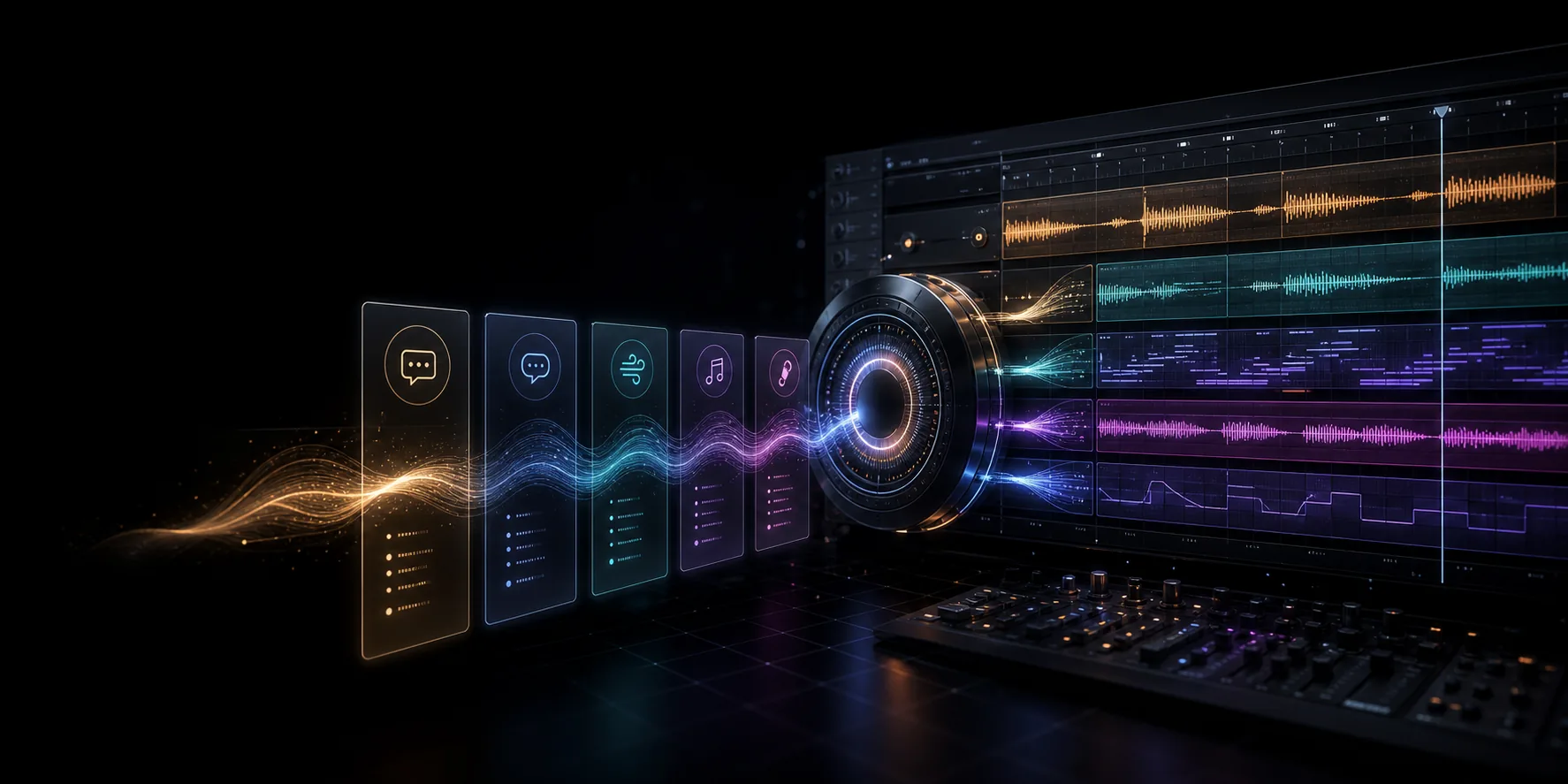 Seed Audio 2.0 prompts flowing into a multitrack audio production workspace